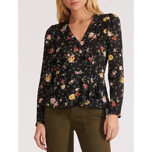 Veronica Beard Kiona 100% Silk Floral Peplum Long Sleeve Blouse Black Size 6
